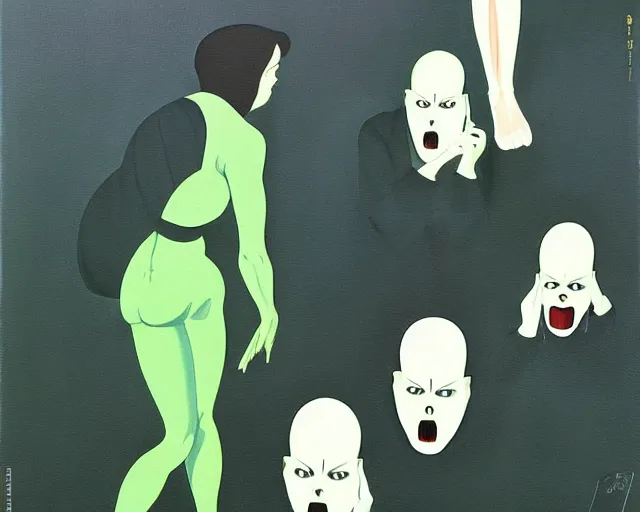 Image similar to a terrifying, disturbing painting by Hiroshi Nagai. Reg, green, and black