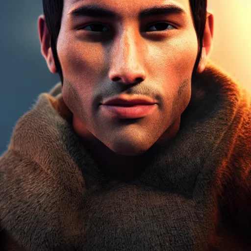 Image similar to portrait art of a very handsome Peruvian man with no facial hair, 8k ultra realistic, lens flare, atmosphere, glow, detailed,intricate, full of colour, cinematic lighting, trending on artstation, 4k, hyperrealistic, focused, extreme details,unreal engine 5, cinematic, masterpiece