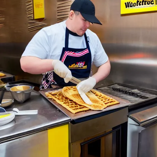 Image similar to wafflehouse restaurant employee inside a Wafflehouse cooking food on a Wafflehouse flat top grill