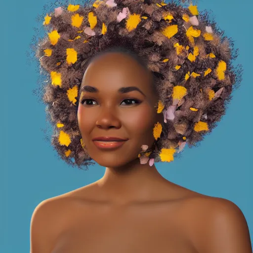 Prompt: portrait of a smiling beautiful black woman who looks like nia long with big curly afro surrounded by falling flower petals with lush savannah in the background by argerm, face by wlop, full color digital illustration trending on artstation, octane render