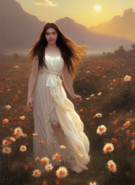Image similar to oil painting portrait of a young woman with long flowing hair in a white dress, dancing through a field of flowers at sunset with mountains in the background, hazy, digital art, chiaroscuro, artstation, cinematic, golden hour, digital art painting by greg rutkowski, william - adolphe bouguereau, hazy atmosphere, flowers, cinematic lighting
