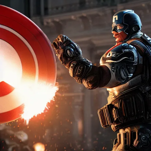 Image similar to donald trump as captain america in gears of war, splash art, maga, patriot, detailed face, movie still, cinematic lighting, dramatic, glowing, ray tracing, octane render, long lens, shallow depth of field, bokeh, anamorphic lens flare, 8 k, hyper detailed, 3 5 mm film grain