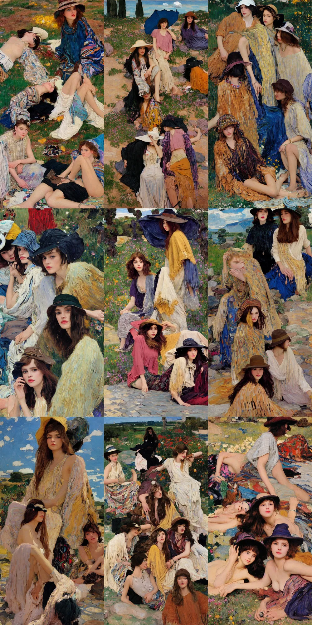 Prompt: portrait of group of fashionable young womans wearing rich jewerly hat and boho poncho, lying pose on stones, concrete hitech interior, 1970s fashion, Low poly, thunder clouds in the sky, artwork by Joaquin Sorolla and john william waterhouse and Denis Sarazhin and klimt and rhads and van gogh and Dean Ellis and Detmold Charles Maurice, levitation, industrial rusty pipes, simple form, brutal shapes