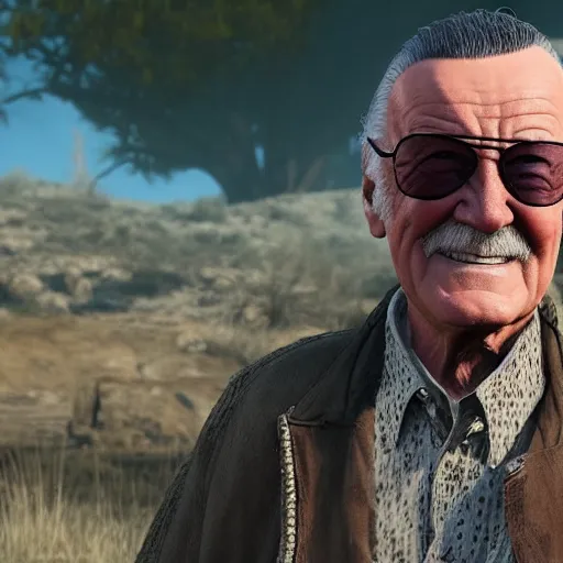 Prompt: Film still of Stan Lee, from Red Dead Redemption (2018 video game)