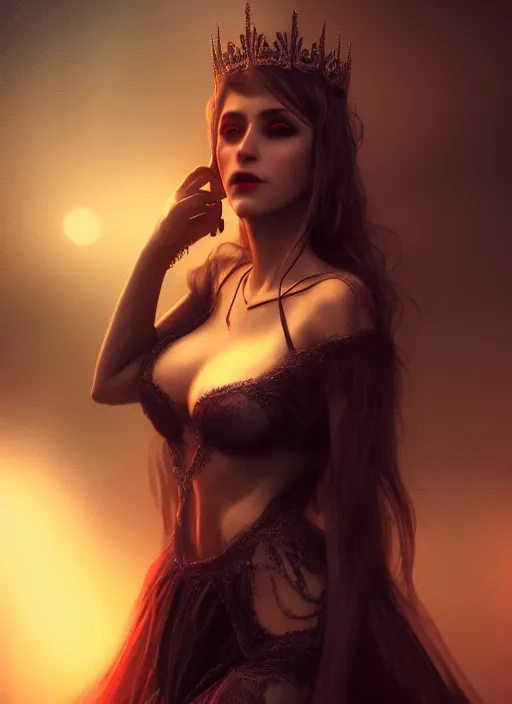 Image similar to realistic matte painting, full body portrait, the duchess of blood, owns the las vegas night, highly detailed, CGsociety, subtle, concept art, HDR, hyper realistic, volumetric lighting, subsurface scattering, unreal