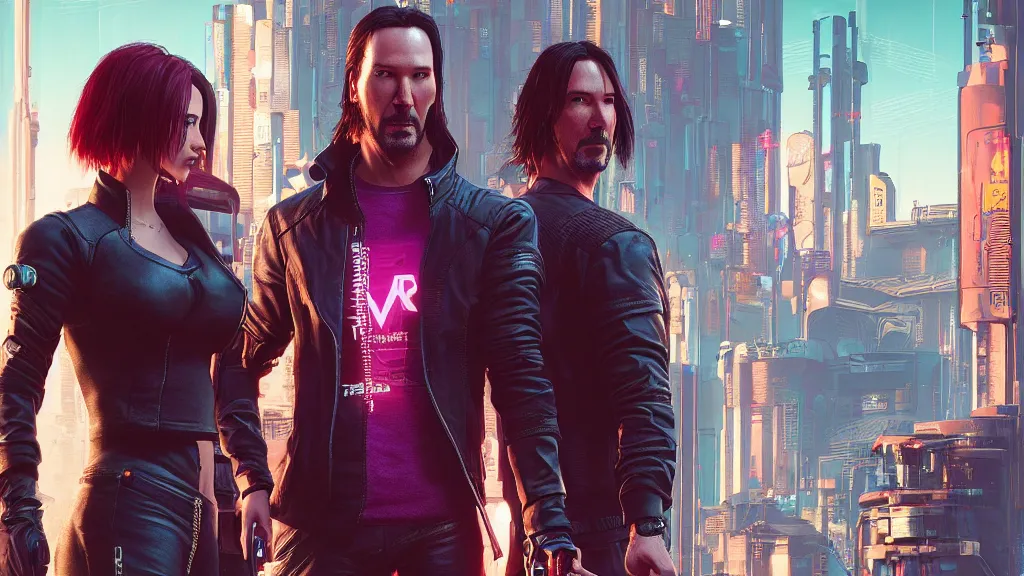 Prompt: a cyberpunk 2077 srcreenshot couple portrait of one Keanu Reeves and two hot female androids,love,film lighting,by Laurie Greasley,Lawrence Alma-Tadema,Dan Mumford,John Wick,Speed,Replicas,artstation,deviantart,FAN ART,full of color,Digital painting,face enhance,highly detailed,8K,octane,golden ratio,cinematic lighting