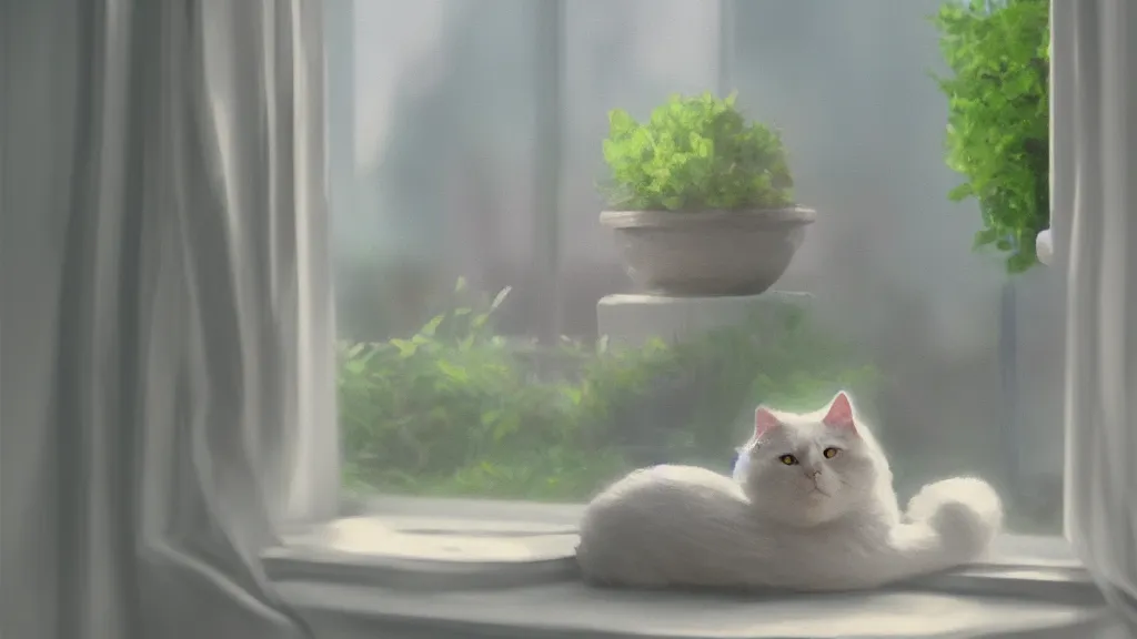 Image similar to beautiful peaceful dreamy painting of a content cat sitting by a window and looking outside, sunshine coming through the window, small plants on the window sill, 8k, hyper realism, trending on artstation, octane render