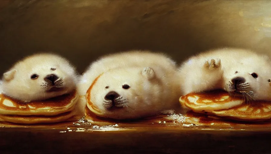 Image similar to highly detailed painting of cute furry white baby seals in a pile of jam pancakes on a table by william turner, by greg rutkowski, by william constable, thick brush strokes and visible paint layers, 4 k resolution