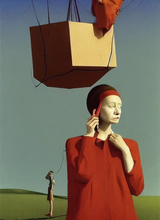 Prompt: woman with a paper bag over the head and a sward connected with telephone wires Edward Hopper and James Gilleard, Zdzislaw Beksinski, Steven Outram highly detailed