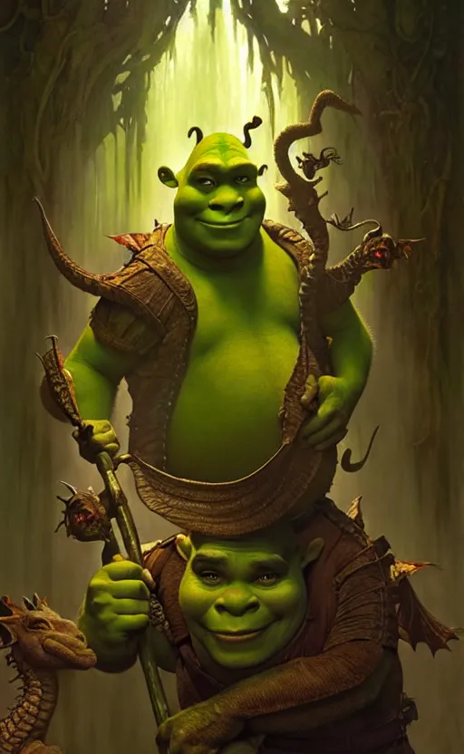 Image similar to shrek dragon gorgeous lighting by weta studio, mucha, bautista and norman rockwell and greg rutkowski and tom bagshaw and james gurney and lucasfilm