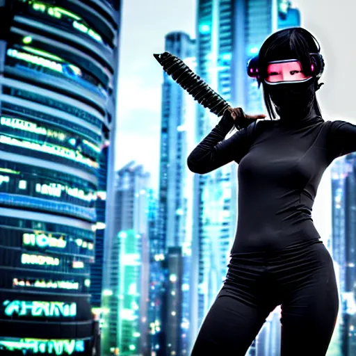 Prompt: photo of a real-life beautiful cyberpunk female ninja