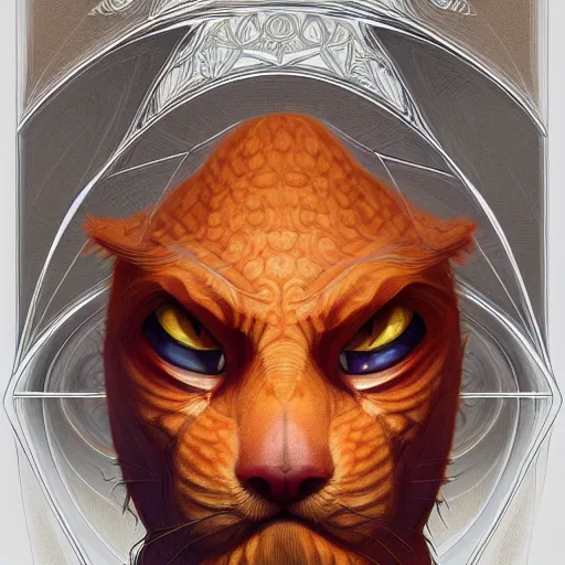 Image similar to symmetry!! intense portrait of garfield, intricate, elegant, highly detailed, my rendition, digital painting, artstation, concept art, smooth, sharp focus, illustration, art by artgerm and greg rutkowski and alphonse mucha