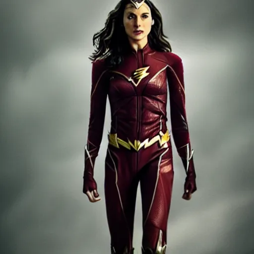 Image similar to an potrait of gal Gadot cast of movie the flash and wearing a flash suit, photorealistic high detail, full body shot.