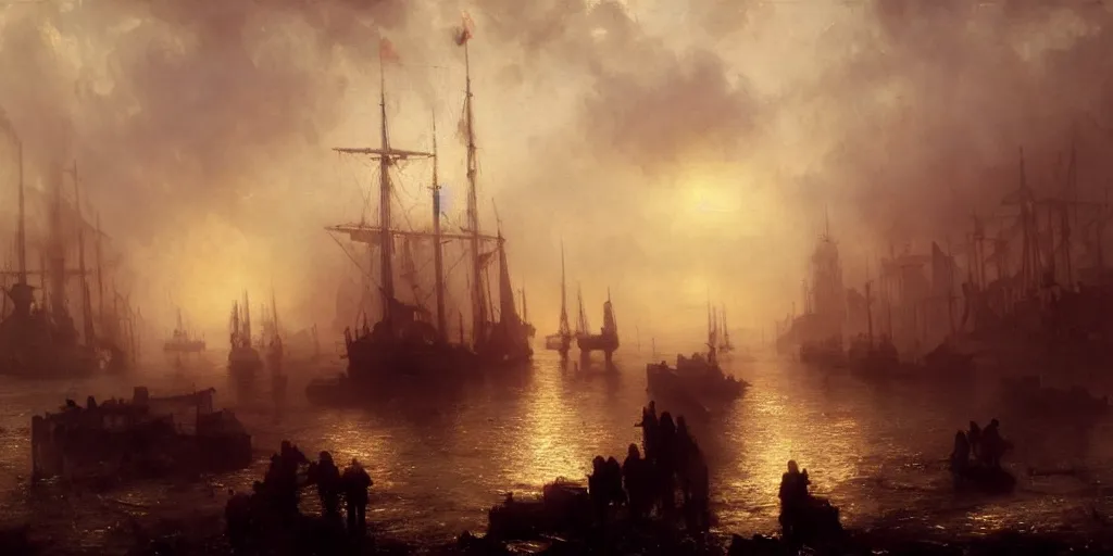 Image similar to a seaport in 1 9 4 0 with red light on, sunny day, a men stand up next to the edge, mystical orange fog, oil on canvas, art by andreas achenbach, clemens ascher, tom bagshaw and sabbas apterus,