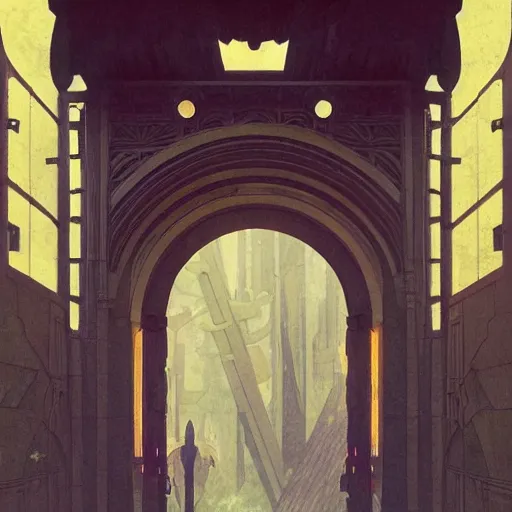 Image similar to art deco archway leading into arcology with studio ghibli wooden homeless medieval city built into it, science fiction concept art by greg rutkowski and wayne barlowe and alphonse mucha