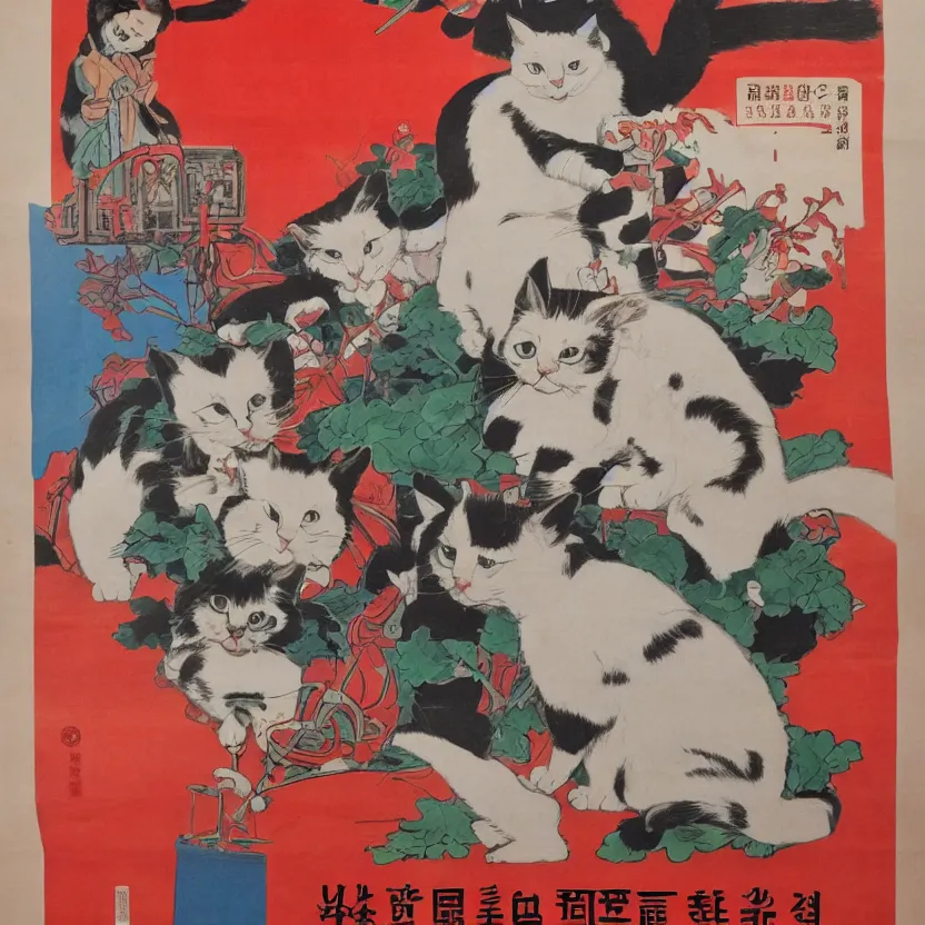 Image similar to chinese propaganda poster with a cartoon cat as the centerpiece