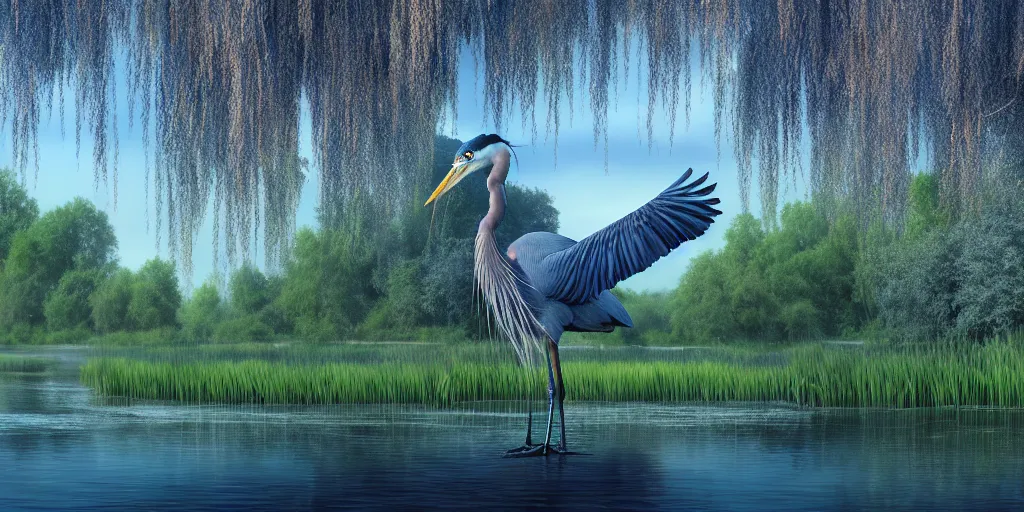 Prompt: a majestic blue heron in shallow river, willow trees, cherry blosom trees, lily pads, bullrushes, marsh, clouds, volumetric lighting, intricate, luminescent matte painting, highly detailed, artstation