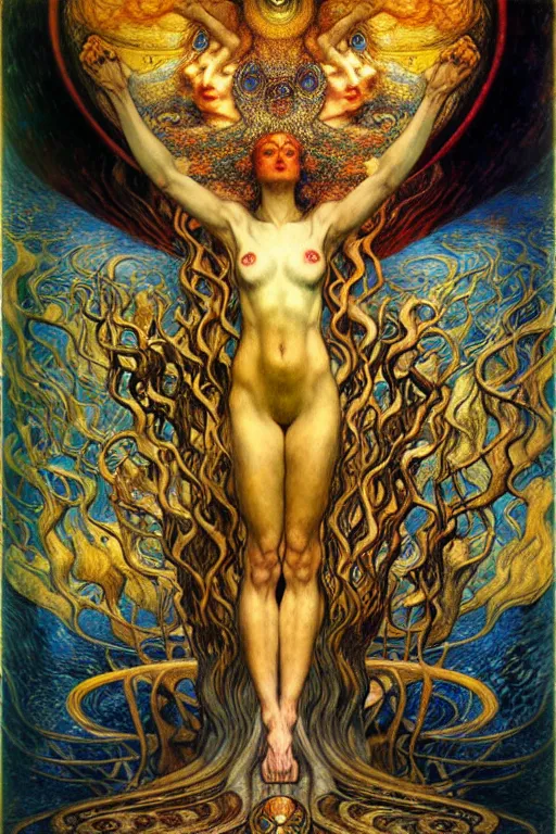 Image similar to Divine Chaos Engine by Karol Bak, Jean Delville, William Blake, Gustav Klimt, and Vincent Van Gogh, symbolist, visionary