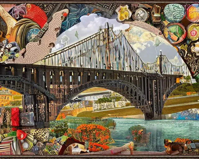 Image similar to detailed bridge with unexpected maximalist elements. 8x HD mixed media 3D collage in the style of an hyperdetailed childbook illustration in soft natural tones. matte background no frame HD