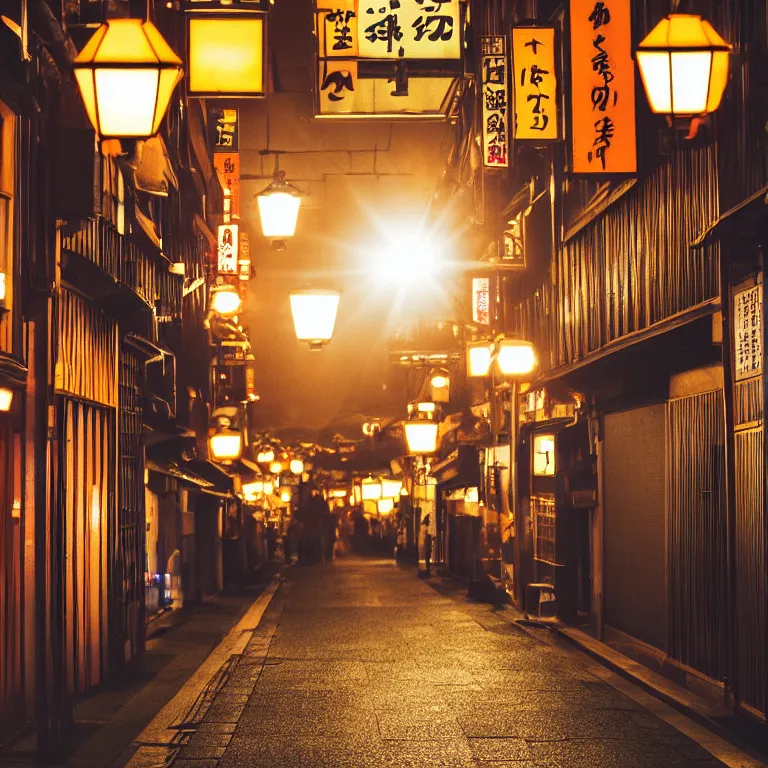 Image similar to photograph of kyoto street at night, bright street lamps, lens flare