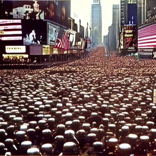 Image similar to still of donald trump clones invading time square, in barry lyndon ( 1 9 7 9 ), morning photograph