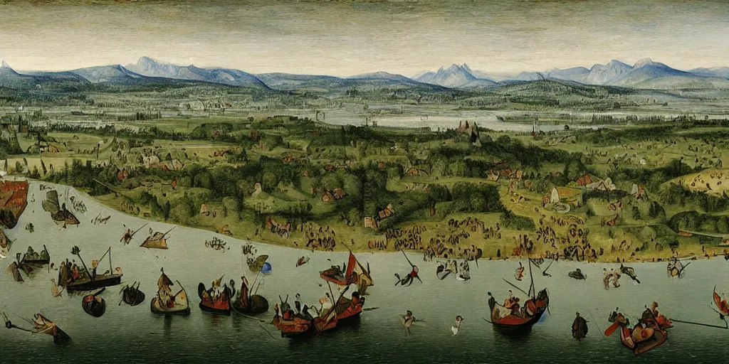 Image similar to the danube with alps in the style of pieter bruegel