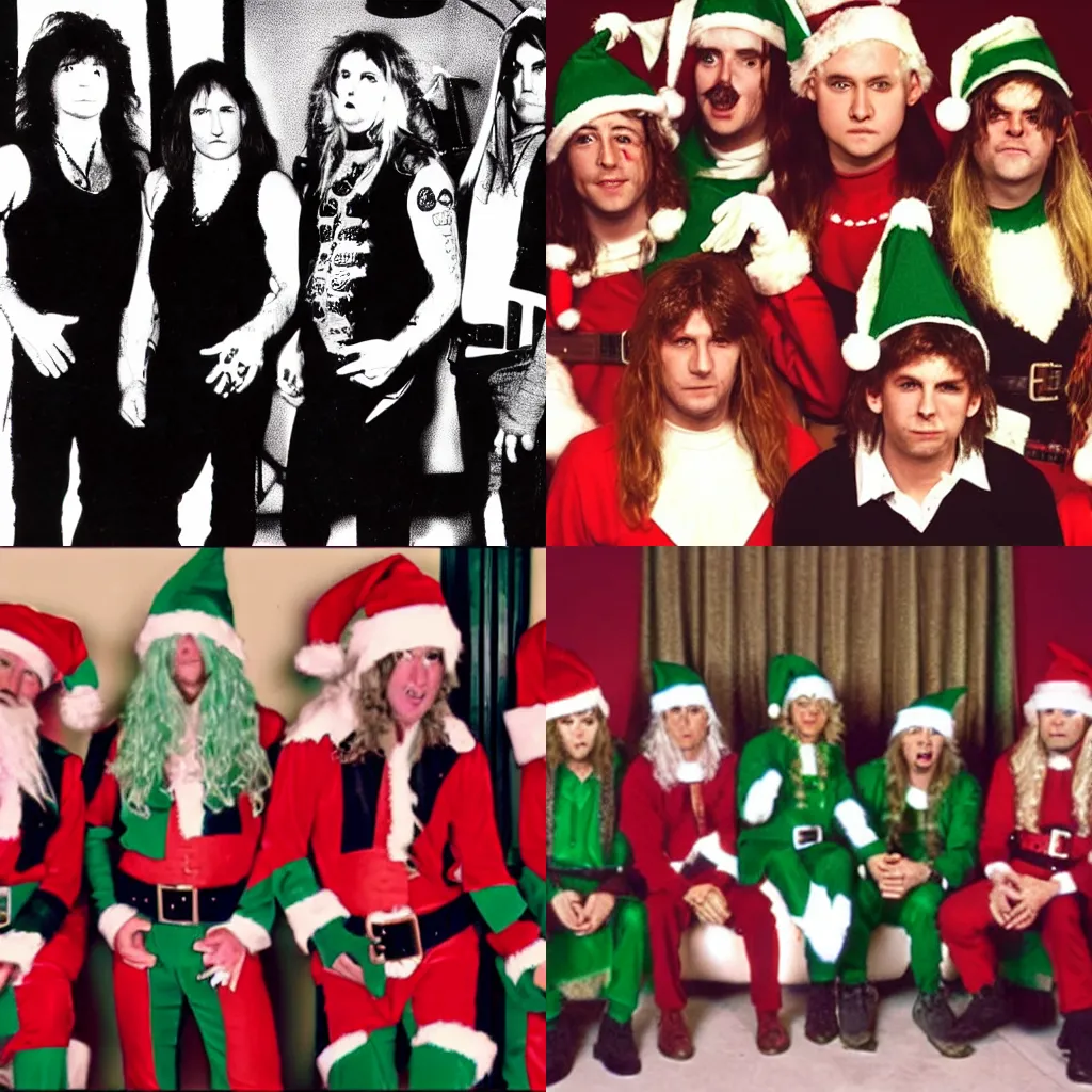 Prompt: footage of an obscure 90s rock band with the members dressed up as Christmas elves