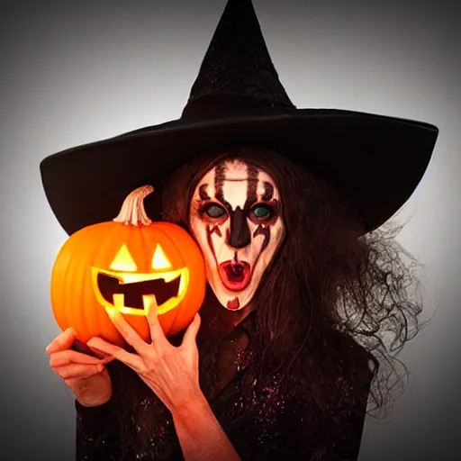 Image similar to Scary Ugly Halloween Witch with a big nose and glowing cauldron.