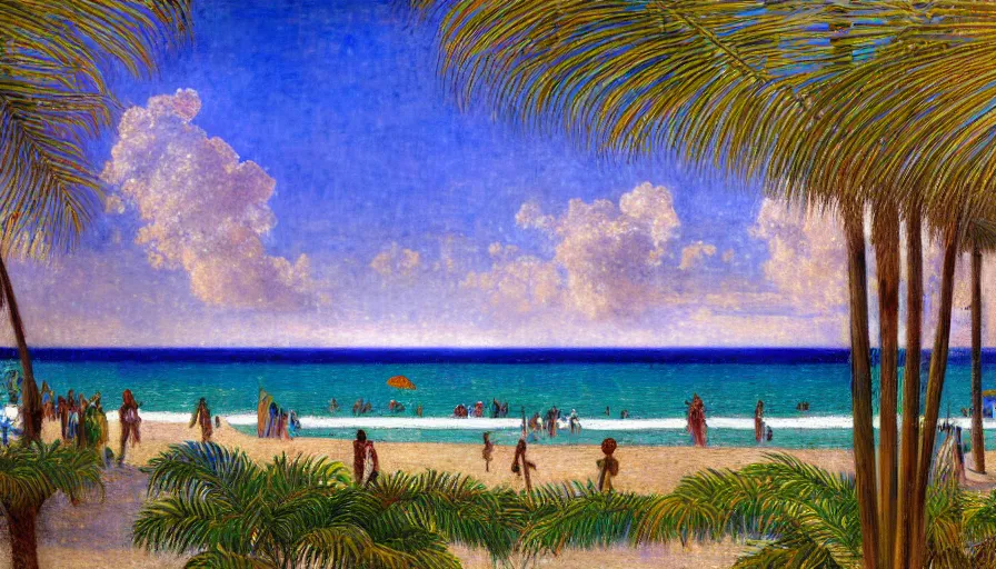 Prompt: a ultradetailed beautiful painting of the thunderstorm sky of the amazonas beach palace balustrade designed by jules bastien - lepage, tarsila do amaral, frank weston and gustave baumann, beach, trending on artstation, mediterranean, palm trees, sharp focus, colorful refracted sparkles and lines, soft light, 8 k 4 k