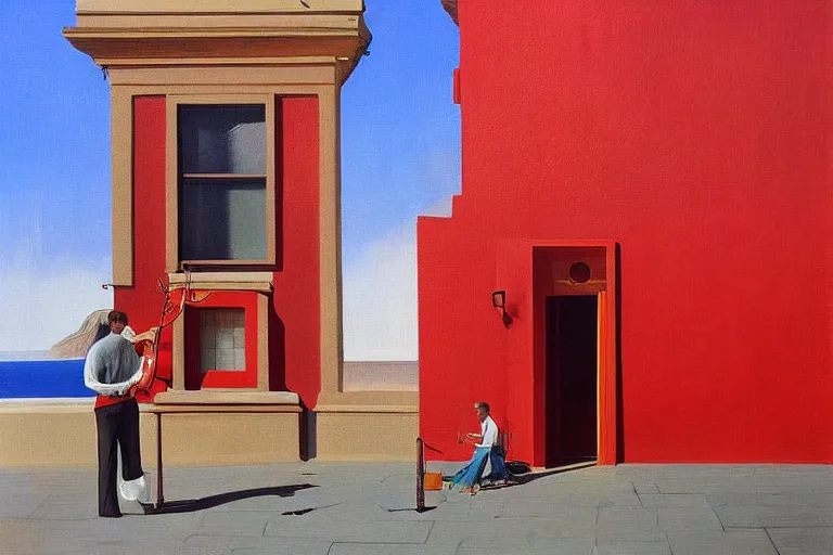 Prompt: a man in red playing the violin next to a yellow lightinghouse, the sun is shining and the ocean is blue, Painting, Fine Art, Unreal Engine, Salvador Dali