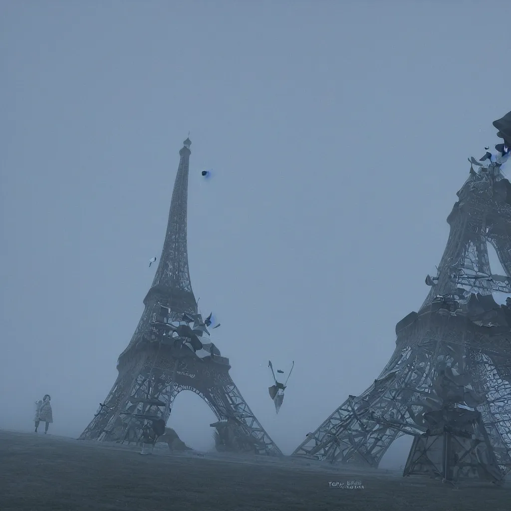 Prompt: touhou project cirno at duga - 1 radar station in fog with eiffel tower