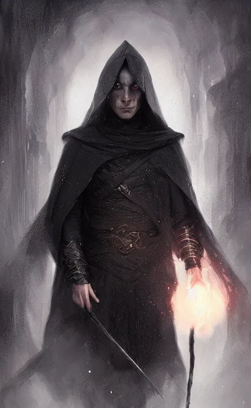 Image similar to Portrait of an elf in a black cloak, black hair, glowing eyes, male, detailed face, fantasy, highly detailed, cinematic lighting, digital art painting by greg rutkowski