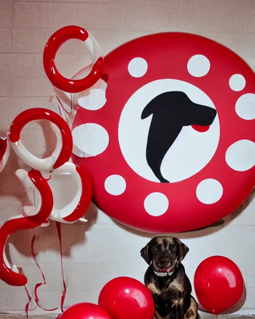 Prompt: target mascot dog bullseye happily surrounded by target logo and red balloons artistic ad campaign hd photo Leica Zeiss trending on artstation flickr