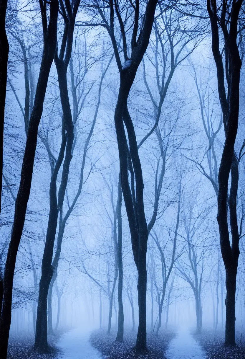 Image similar to eerie photo of a backlit path in the middle of a frozen winter morning spooky forest, treelined, fog, award winning photography, mystical, ultra high definition, ultra detailed,