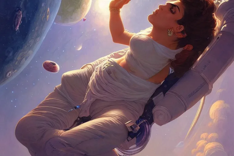 Image similar to Sensual good looking pale young Indian doctors wearing jeans in a space station above Earth performing surgery, portrait, elegant, intricate, digital painting, artstation, concept art, smooth, sharp focus, illustration, art by artgerm and greg rutkowski and alphonse mucha