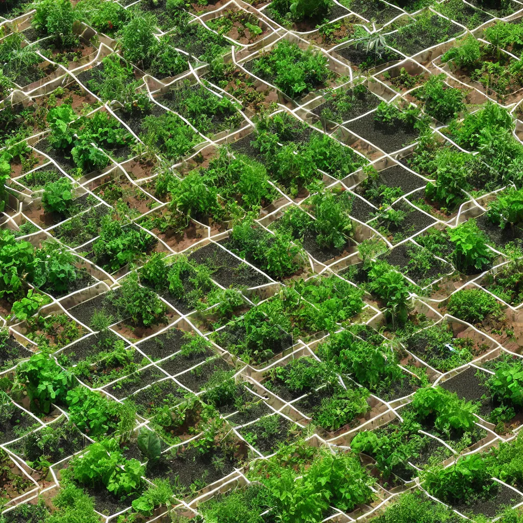 Prompt: terraformation project, permaculture, torus shaped electrostatic water condensation collector tower, irrigation system in the background, vertical vegetable gardens under shadecloth and hexagonal frames, in the middle of the desert, XF IQ4, 150MP, 50mm, F1.4, ISO 200, 1/160s, natural light