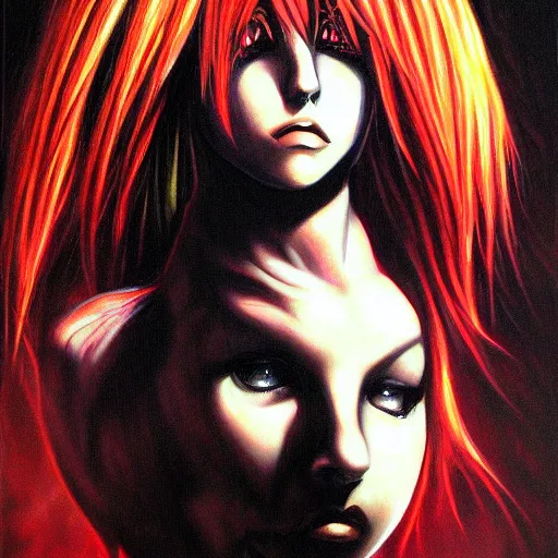 Image similar to detailed portrait of emo britney spears anime death note intricate, hyper detailed, realistic, oil painting, by julie bell, frank frazetta, cinematic lighting