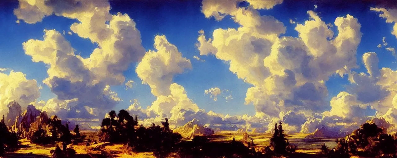 Image similar to disney illustrated background of blue sky huge clouds by eugene von guerard, ivan shishkin, john singer sargent