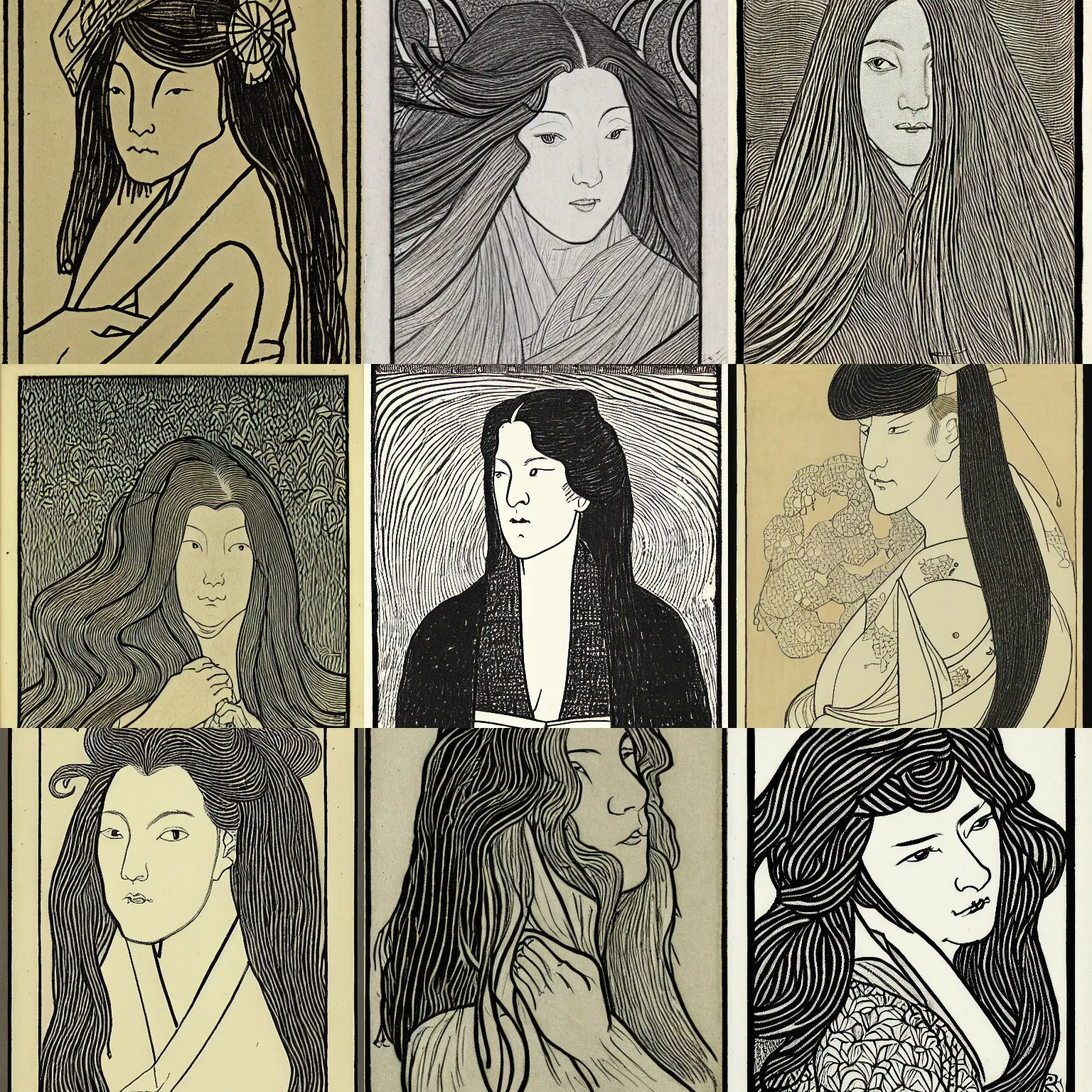 Prompt: a drawing of a woman with long hair, a woodcut by Jan Toorop, behance contest winner, pre-raphaelitism, pre-raphaelite, childs drawing, ukiyo-e