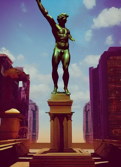 Image similar to statue of hercules, beeple, vaporwave, retrowave, pinterest, trending on artstation