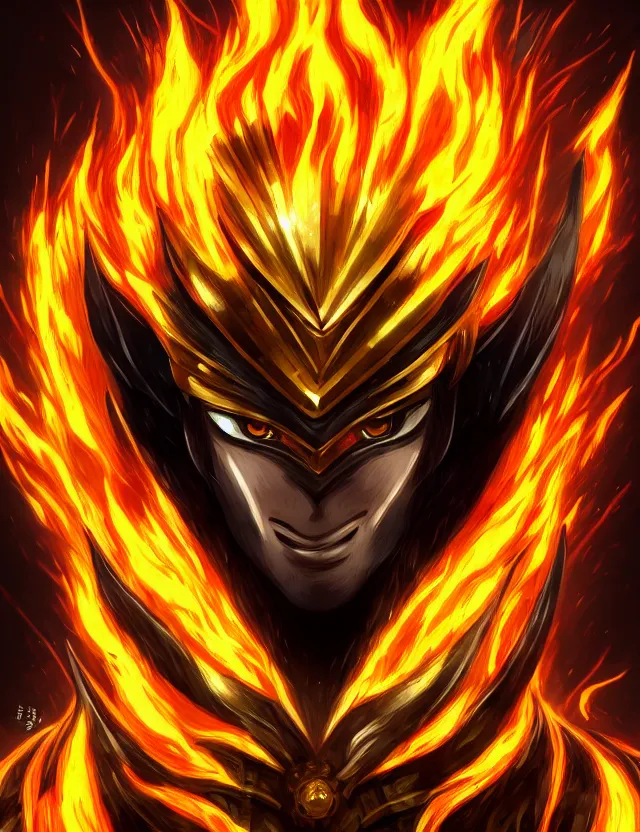 Image similar to a detailed manga portrait of a black haired man with hazel eyes in gleaming golden armour that burns with golden fire, trending on artstation, digital art, 4 k resolution, detailed, high quality, sharp focus, hq artwork, coherent, insane detail, character portrait