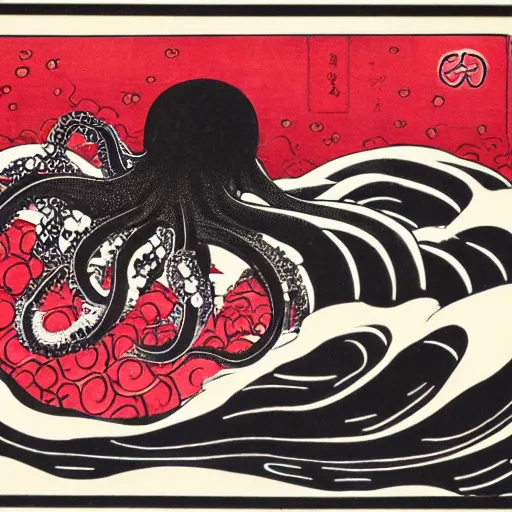 Image similar to a black and white octopus in a frothy red ocean, ukiyo-e