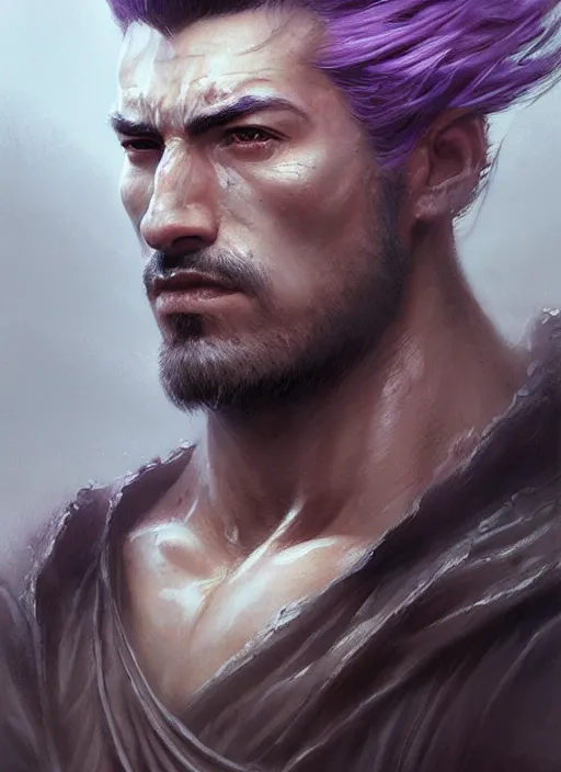 Prompt: highly detailed face portrait of a handsome and muscular ronin, square masculine facial features, short messy hair, upper view, surrounded by fog, art by greg rutkowski and artgerm and peter mohrbacher, centered, intricate, samurai, concept art, purple color palette, digital painting, trending on artstation, smooth, sharp focus, vibrant colors