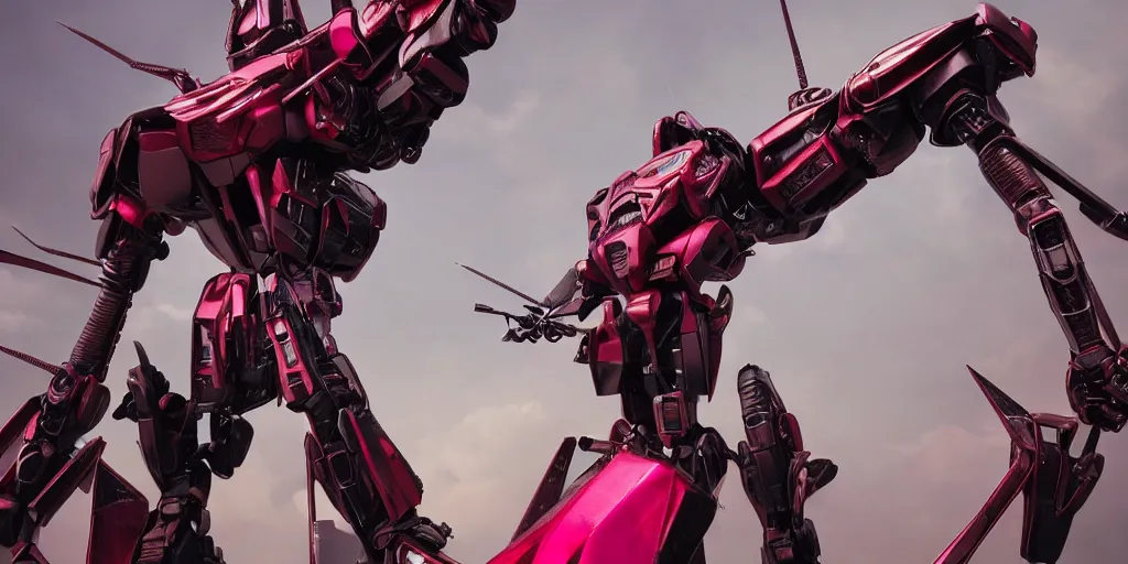 Image similar to a metal insect - like of female gundams like beetles is in pink and red collection by merriam, daniel, intricate mechanical details, futuristic, 2 k aesthetic, dramatic lighting, 4 k, 3 d octane render, provenance, detailed, trending on artstation