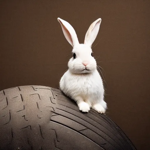 Image similar to a cute bunny sitting on a tire, studio photo, high quality