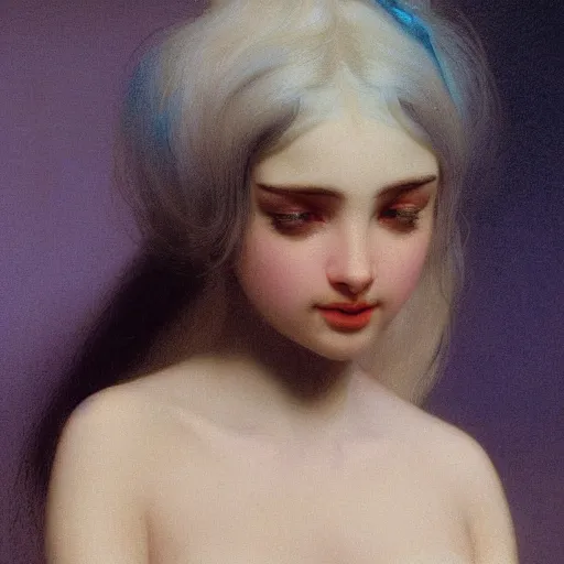 Image similar to a young woman's face, her hair is white and she wears a cobalt blue satin cloak, by ivan aivazovsky and syd mead and moebius and gaston bussiere and roger dean and pieter claesz and paul delaroche and alma tadema and aelbert cuyp and willem claesz, hyperrealistic, volumetric light, octane render