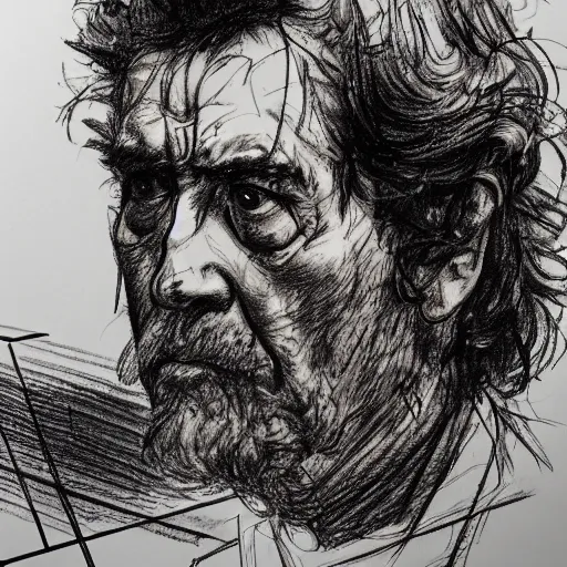 Prompt: a realistic yet scraggly portrait sketch of the side profile of a stern and sophisticated kramer, trending on artstation, intricate details, in the style of frank auerbach, in the style of sergio aragones, in the style of martin ansin, in the style of david aja, in the style of mattias adolfsson
