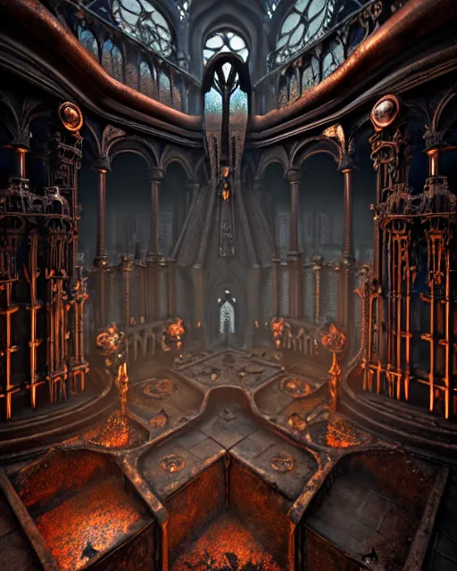 Image similar to steam necropolis, memento mori, gothic, neo - gothic, art nouveau, hyperdetailed copper patina medieval icon, stefan morrell, philippe druillet, ralph mcquarrie, concept art, steampunk, unreal engine, detailed intricate environment, octane render, moody atmospherics, volumetric lighting, ultrasharp, ominous, otherworldly