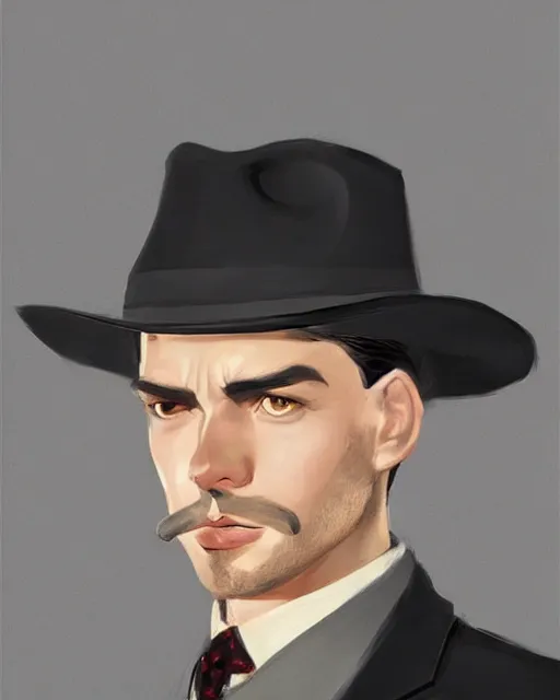 Image similar to portrait of a detective, zoomed in, noir, fedora, tweed coat, confident, handsome, heavy shading, vintage, high quality, by artgerm, artstation, ( ( ( by ilya repin ) ) )