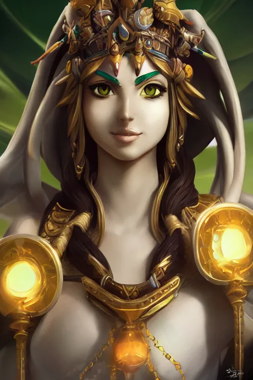 Image similar to portrait, head and torso only, palutena in a victorious stance, trending on artstation, concept art, movie poster, fine detail, unreal engine, masterpiece, 4 k, hd